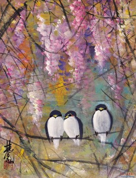 Lin Fengmian Painting - birds in pink flowers old China ink